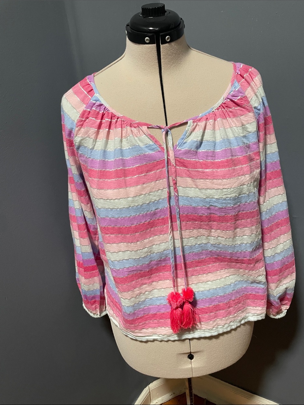 J. Crew Pink Multicolor Striped Tie-Front Peasant Top Size-Small NWOT - Picture 3 of 9